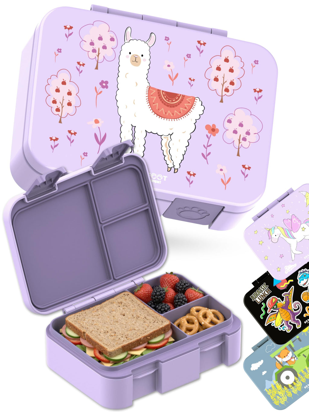 BEARFOOT Kids Lunch Box with Compartments – Compact & Lightweight | Leak-Proof, BPA-Free, Dishwasher Safe | Hand-Drawn Design for Preschool, School, Travel (Sticker Purple, 2.75 Cups)