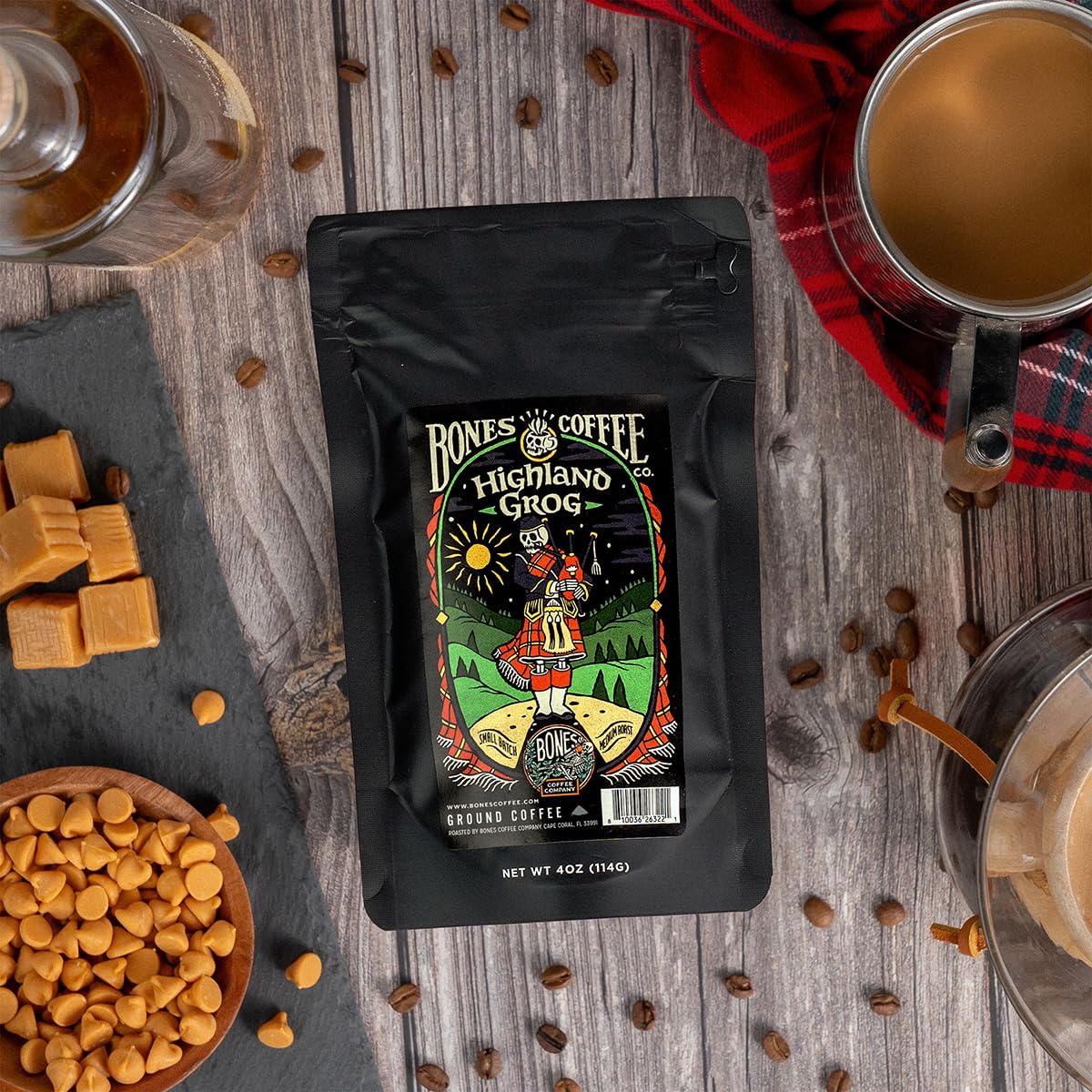 Bones Coffee Company NEW Favorite Flavors Sample Pack, Assorted Flavored Coffee Low Acid Medium Roast Arabica Beans Specialty Coffee Gifts, Auto Drip and French Press Compatible, 4 oz Pack of 5 Ground