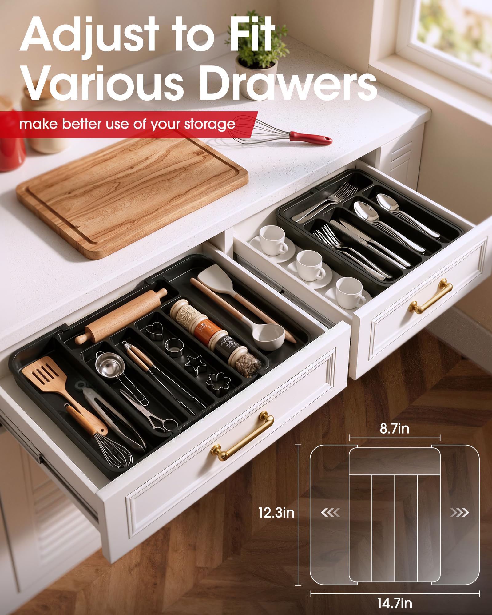 Aujen Silverware Drawer Organizer, Adjustable Utensil Cutlery Tray