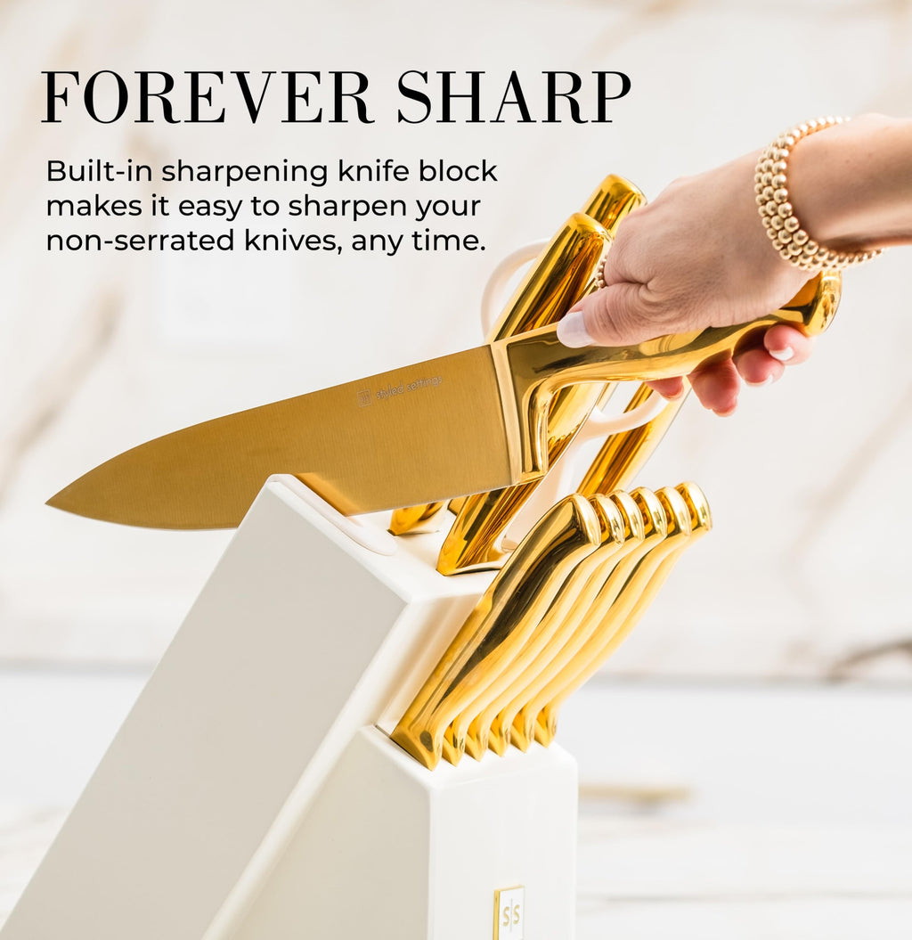 Styled Settings Copper Knife Set with Block & Built-In Sharpener, 14-Piece