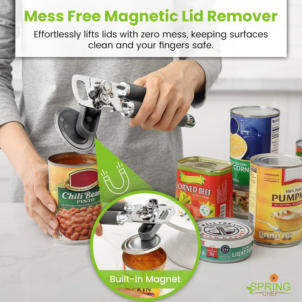 Spring Chef Stainless Steel Manual Can Opener with Magnetic Lid Remover, Easy Turn & Heavy Duty Can Openers for Seniors with Smooth Edge - Graphite