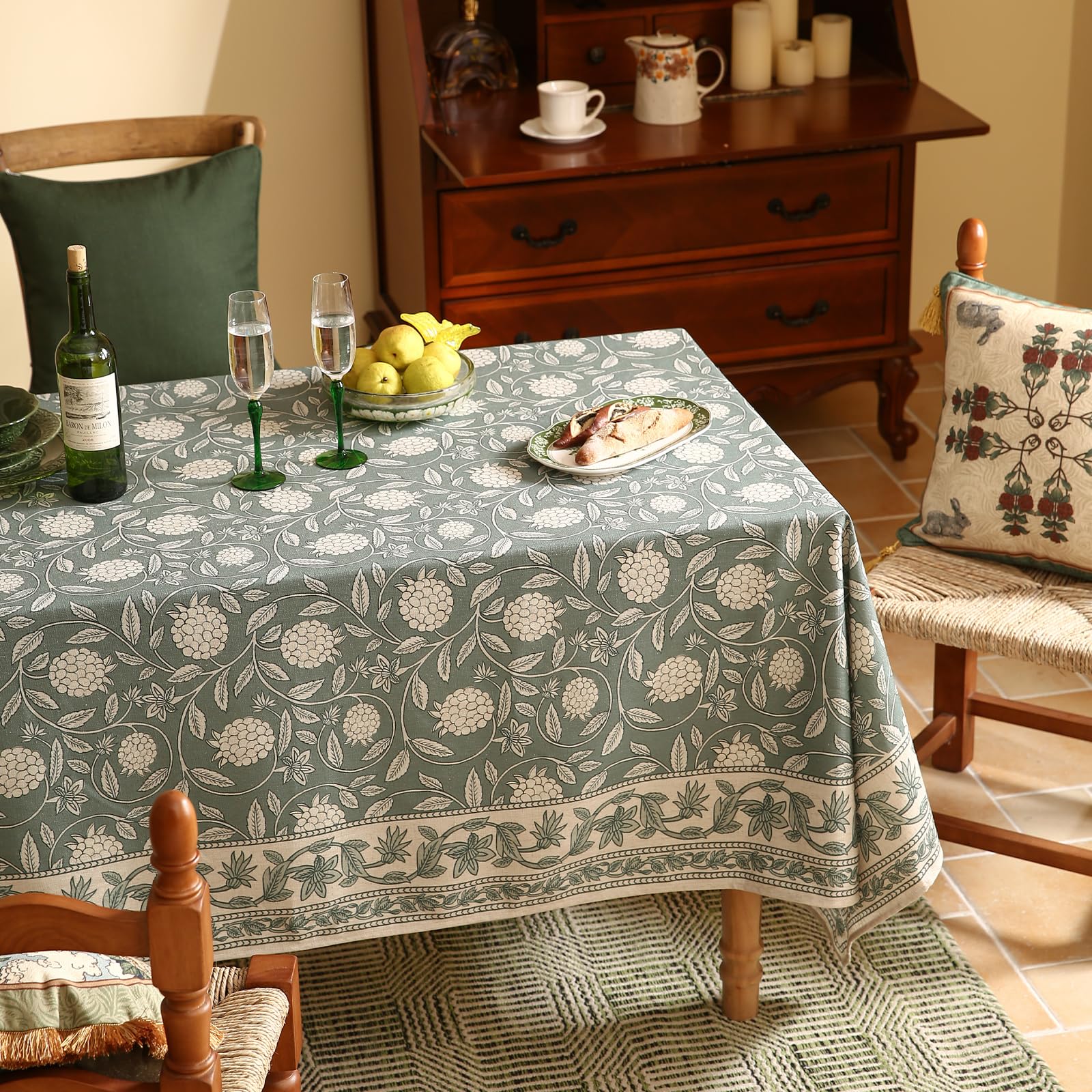 ISAENNE Designer Linen Green Square Tablecloth,67"x67"-Andrew A