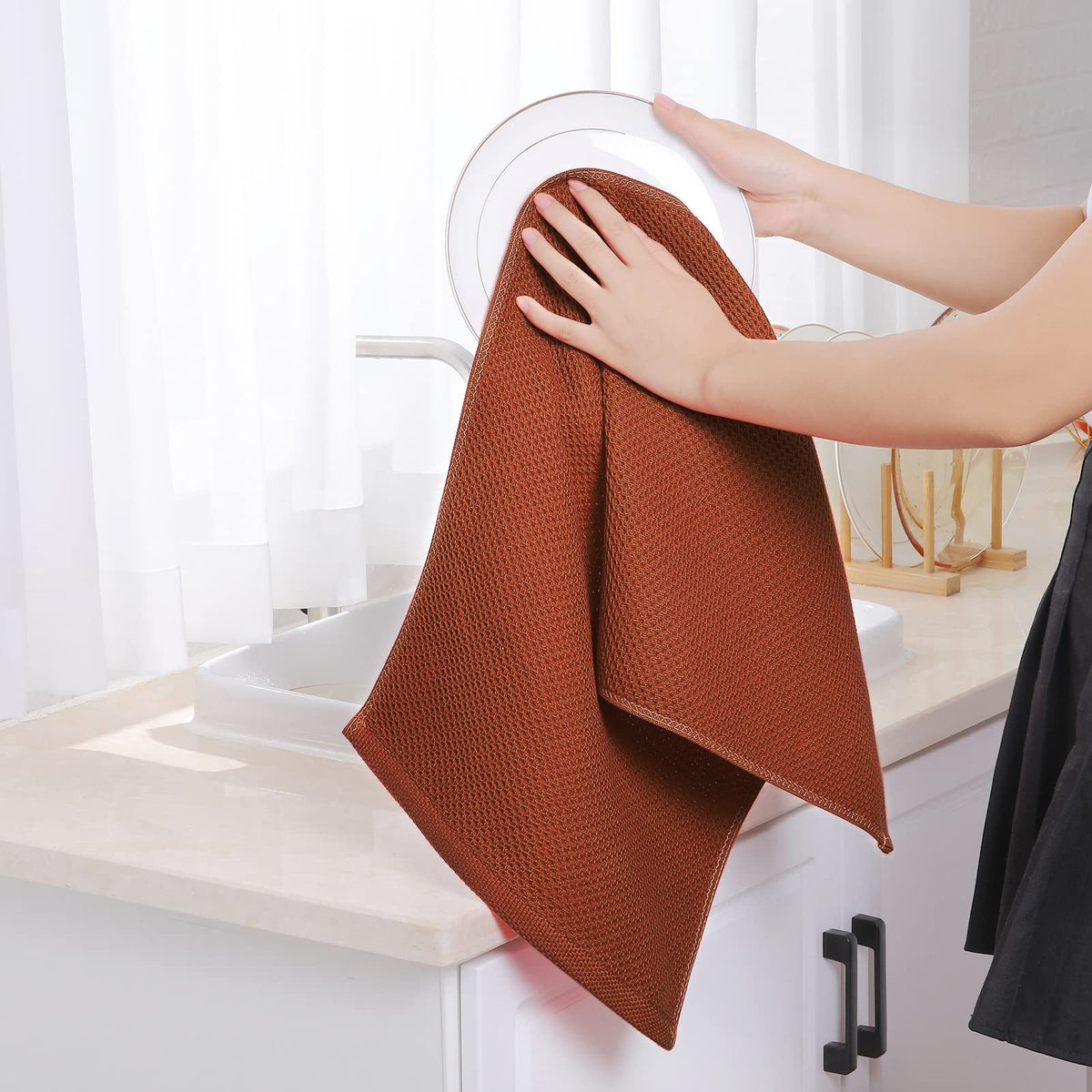 Homaxy 100% Cotton Waffle Weave Kitchen Dish Towels 12-Pack, Black
