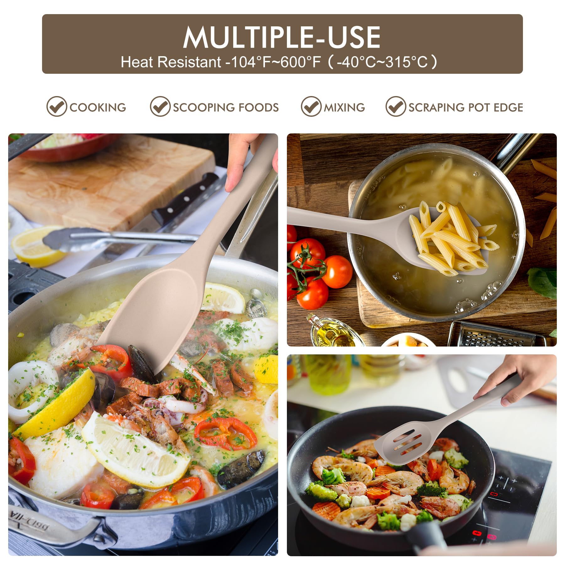HOTEC Heat Resistant Silicone Cooking Spoon Spatula, Large Kitchen Solid and Slotted Spoons for Mixing, Serving, Scraping, Non-stick, Dishwasher Safe Khaki 12.5inch