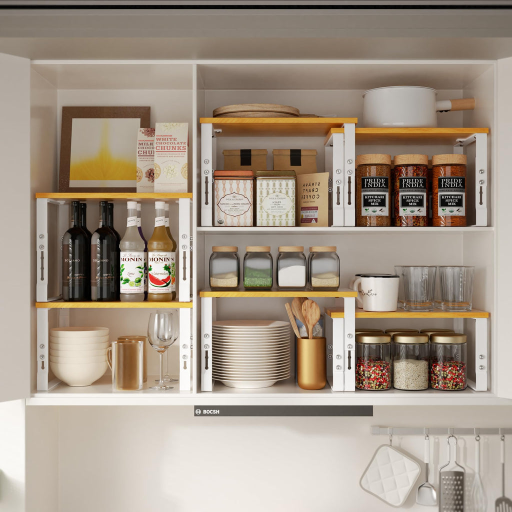 Adjustable Storage Shelves for Kitchen Cabinet Organization - Set of 2 Stackable Metal & Solid Wood Racks, Space-Saving Design for Countertop/Pantry/Garage, Easy Assembly(2 Packs/Medium/White)