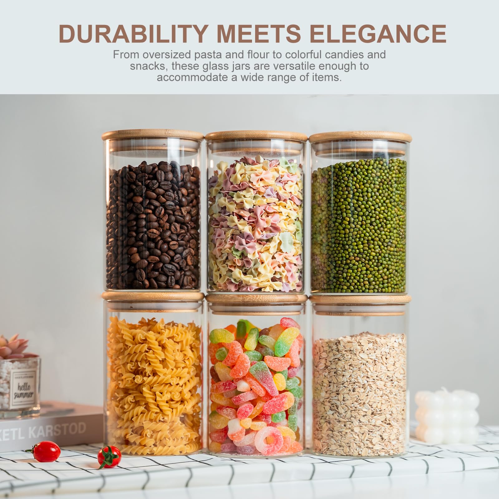 Liuruiyu Glass Food Storage Jars 6-Pack 37oz - 4x6 in-Clear Glass Food Canisters with Bamboo Lid Airtight For Serving Tea, Coffee, Flour, Sugar, Candy, Cookie, Spice and More (Circular)