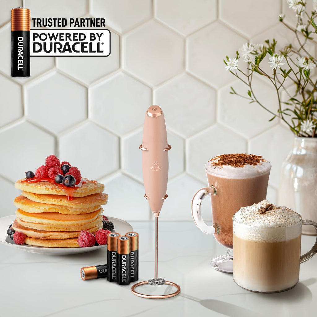 Zulay Kitchen Powerful Milk Frother Wand With Duracell Batteries - Ultra Fast Handheld Drink Mixer - Electric Whisk Foam Maker for Coffee, Lattes, Cappuccino & Matcha - Z1 Motor - Rose Peach