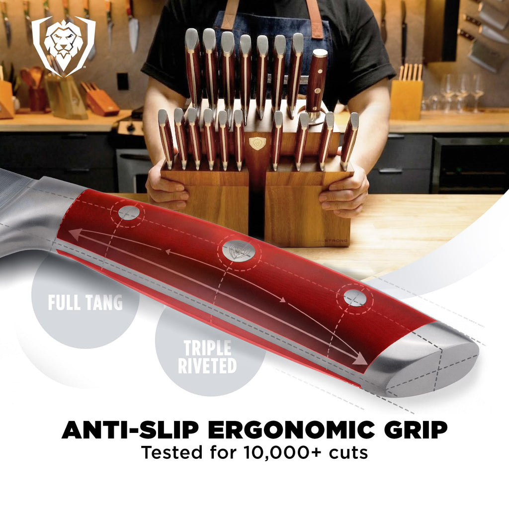 Dalstrong 18-Piece Gladiator Colossal Knife Block Set (Red Handles) — German High-Carbon Steel, Full-Tang, Hand-Sharpened — For Home Chefs, Wedding Registries & Serious Kitchens — Acacia Block, NSF