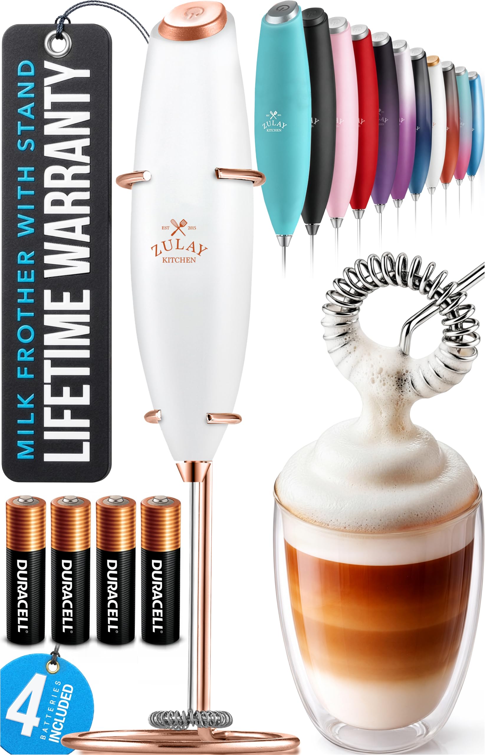 Zulay Kitchen Powerful Milk Frother Wand With Duracell Batteries - Ultra Fast Handheld Drink Mixer - Electric Whisk Foam Maker for Coffee, Lattes, Cappuccino & Matcha - Z1 Motor - White & Rose Gold