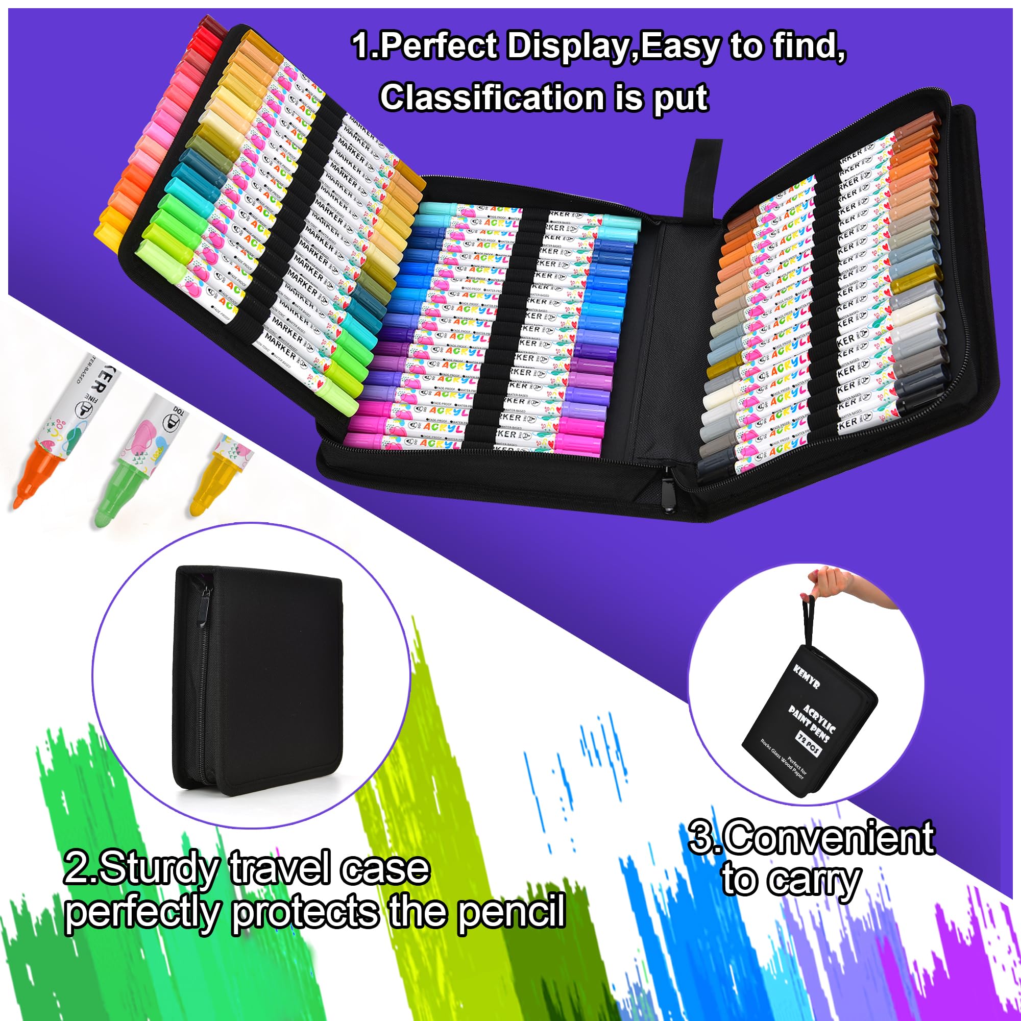 KEMYR 72 Colors Acrylic Paint Pens, Dual Tip Acrylic Paint Markers for Paper, Wood, Canvas, Stone, Rock Painting, Glass, Fabric, DIY, Ceramic, Art Supplies for Adults Drawing (Dot + Fine)