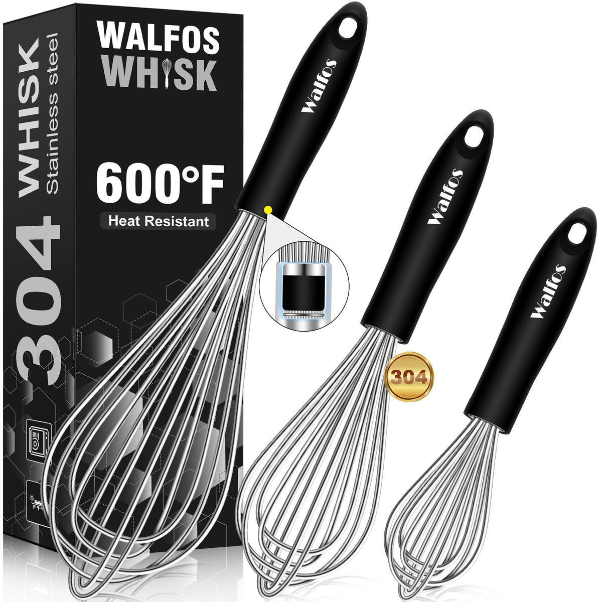 Silicone Whisks set with 7+5in mini stainless steel whisk, Non Scratch Coated 7+9+11in Whisks for Nonstick Cookware,Premium for Blending, Whisking, Beating, Frothing & Stirring