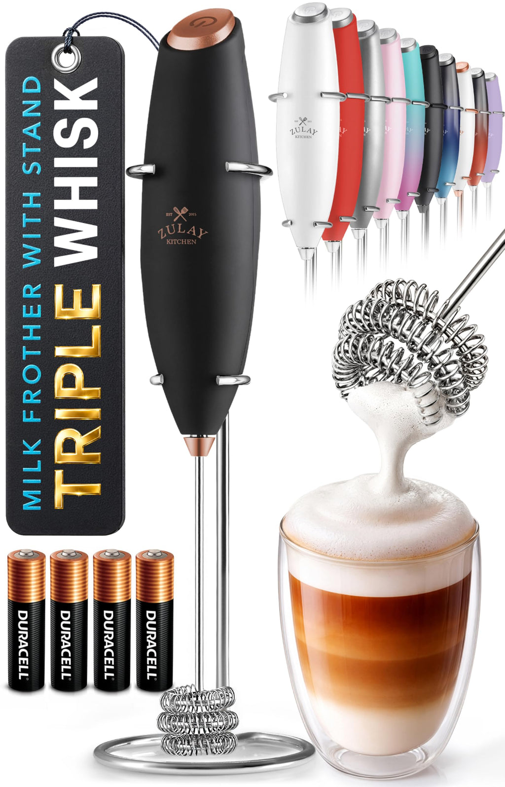 Zulay Kitchen Powerful Milk Frother Wand With Duracell Batteries - Ultra Fast Handheld Drink Mixer - Electric Whisk Foam Maker for Coffee, Lattes, Cappuccino & Matcha - Z1 Motor - Aqua