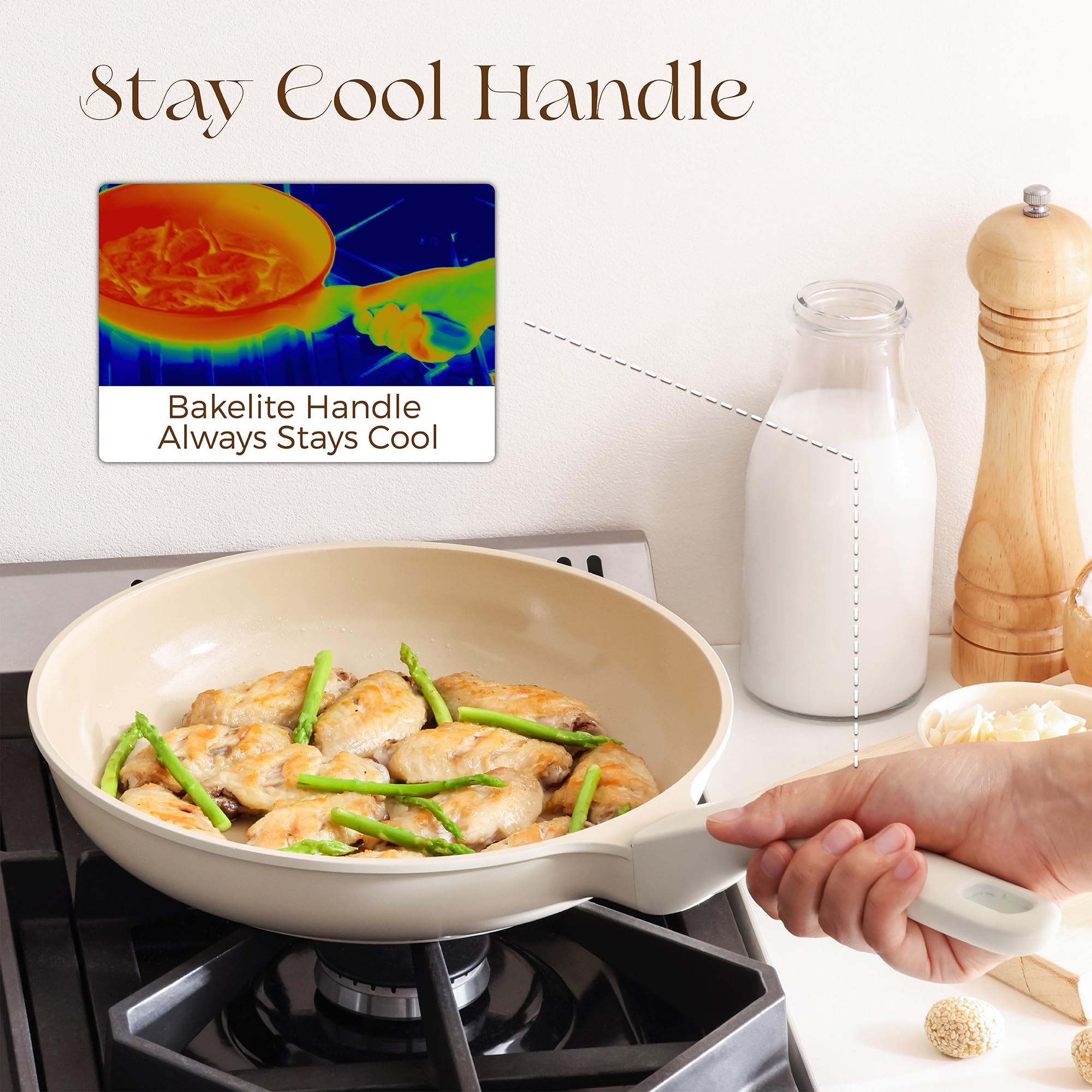 PRICUSIS Nonstick Ceramic Frying Pan with Lid, 8/10 Inch Skillet with Stay Cool Handle, Fully Coated, 100% Dishwasher Safe, PTFE PFAS & PFOA Free (10 Inch, Coconut White