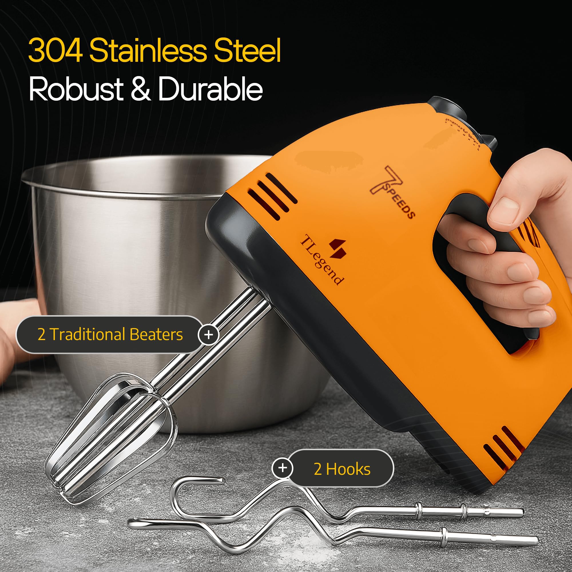 TechnoLegend Hand Mixer Electric Handheld – 7 Speed Ultra Power Electric Mixer Handheld (Orange)