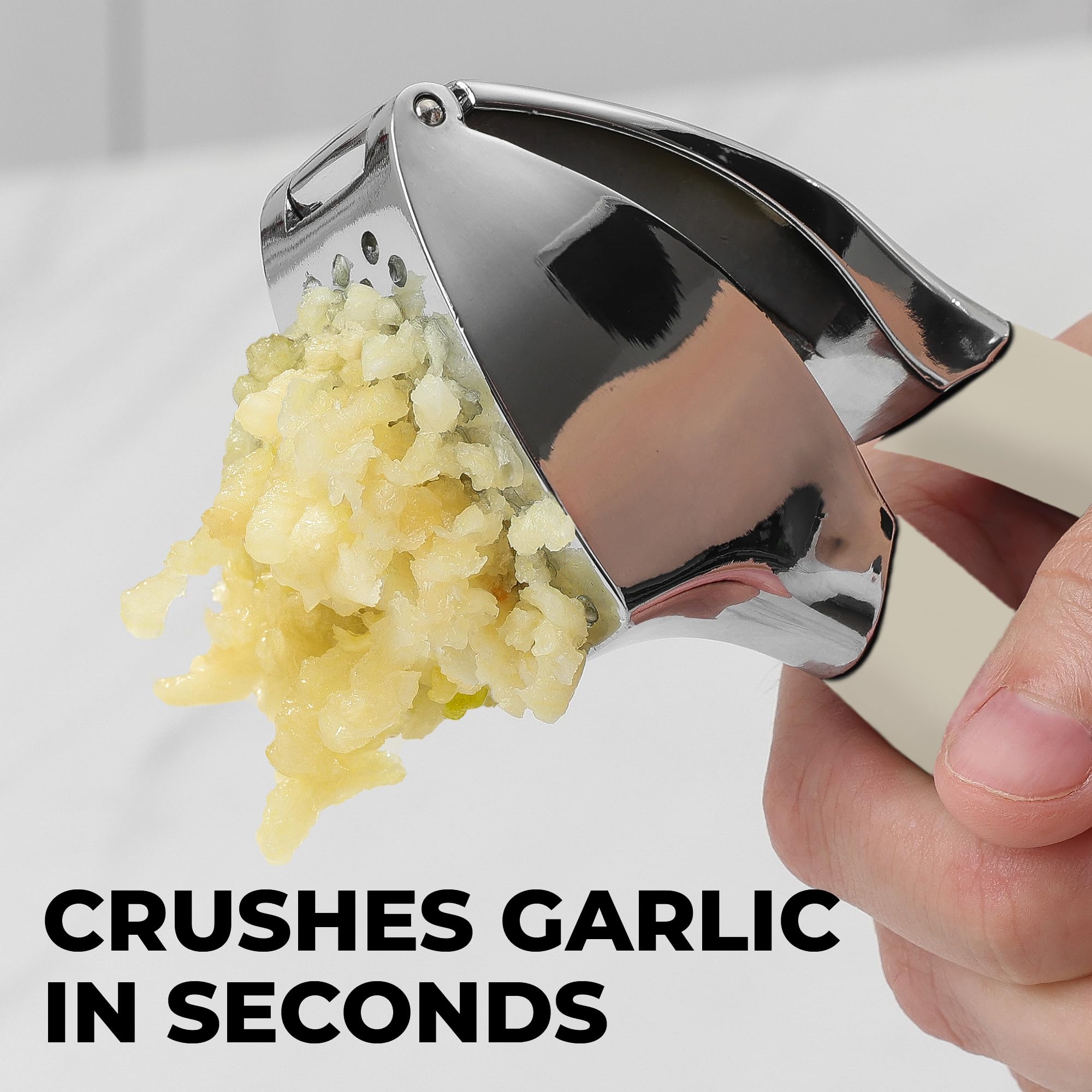 Zulay Kitchen Comfort Grip Garlic Press - Garlic Mincer Tool - Garlic Crusher - Garlic Press Mincer Rust Proof, with Soft Ergonomic Handle, Easy Clean Set with Peeler and Brush - White