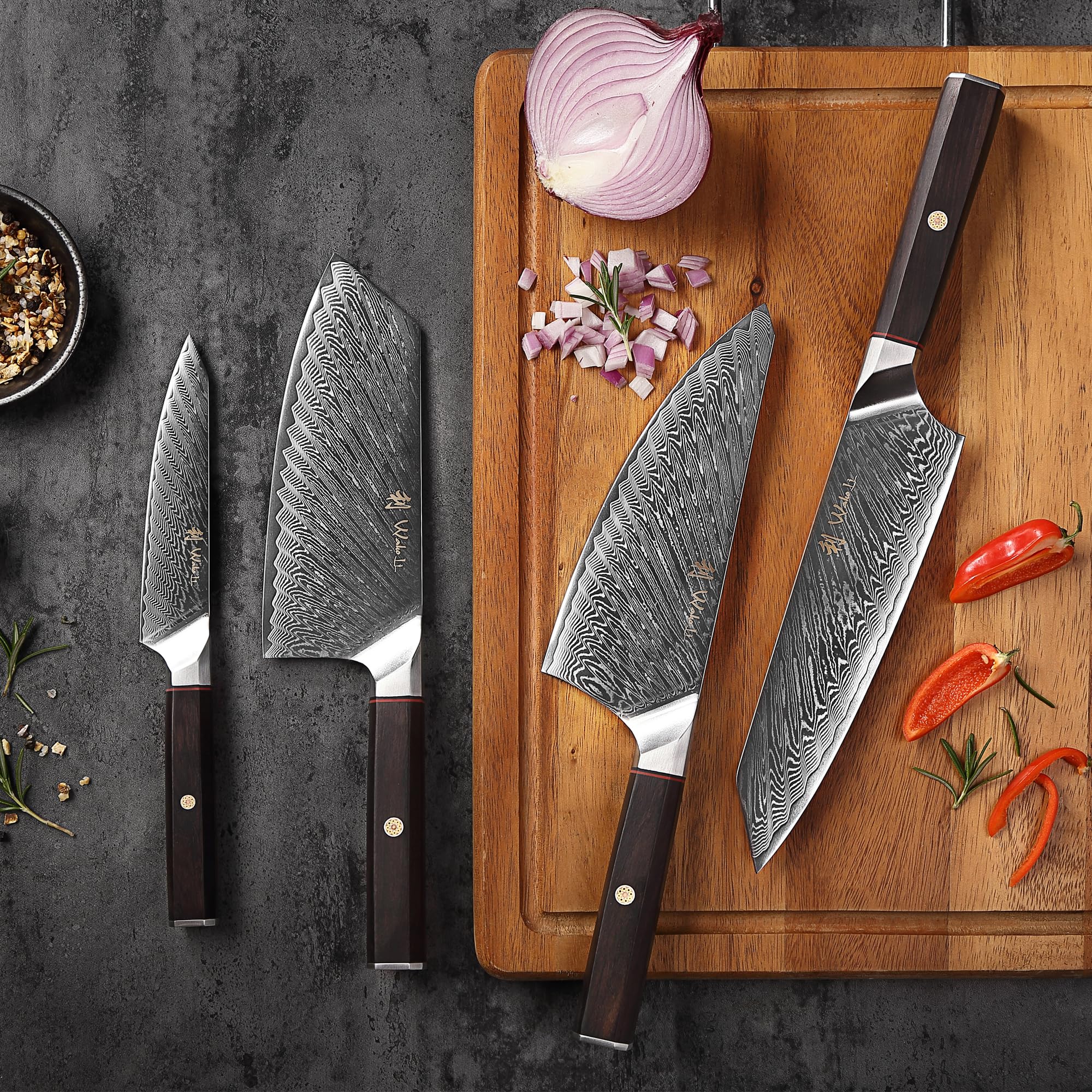 Wakoli Culinary Asia 4-Piece Asian Knife Set, VG10 Damascus, Magnetic Block