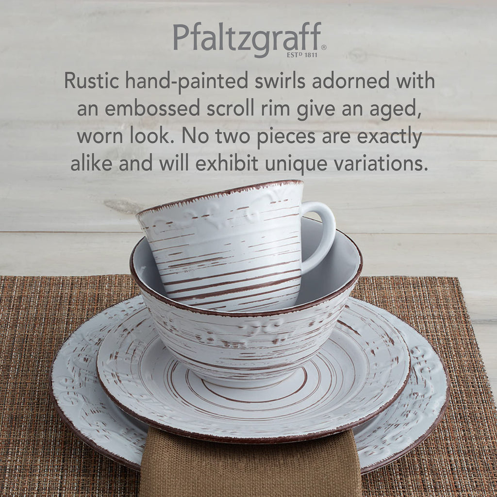 Pfaltzgraff Trellis White 16-Piece Stoneware Dinnerware Set, Service for 4, Distressed White Finish, Microwave & Dishwasher Safe Plates and Bowls