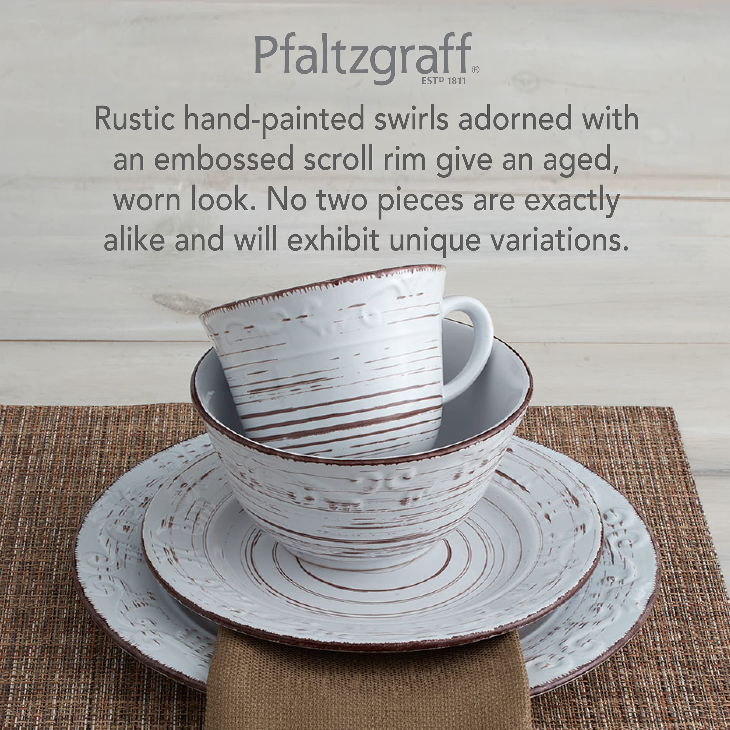Pfaltzgraff Trellis White 16-Piece Stoneware Dinnerware Set, Service for 4, Distressed White Finish, Microwave & Dishwasher Safe Plates and Bowls
