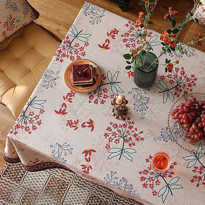 patdrea Designer Linen Extra Long Rectangular Table Cloth,Vintage Red Floral Tablecloth,Breathable Table Cover for Kitchen Dining,Tea Party,Christmas,Thanksgiving,Holiday,63"x110"-Newmari