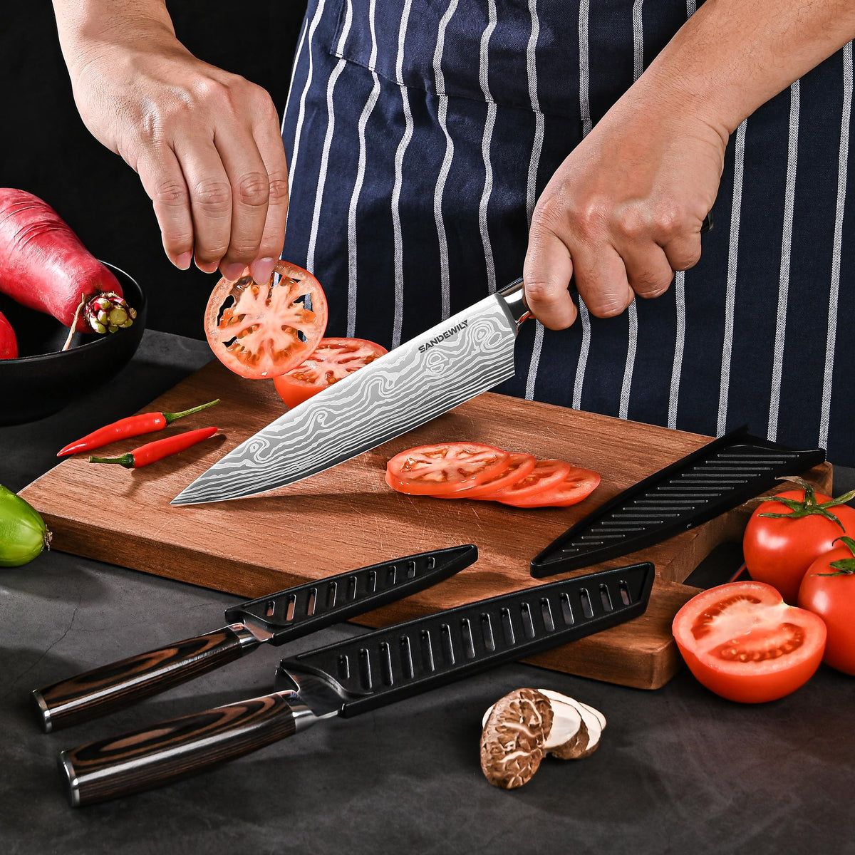 SANDEWILY Japanese Knife Set, 3 Piece Kitchen Knives with Sheaths