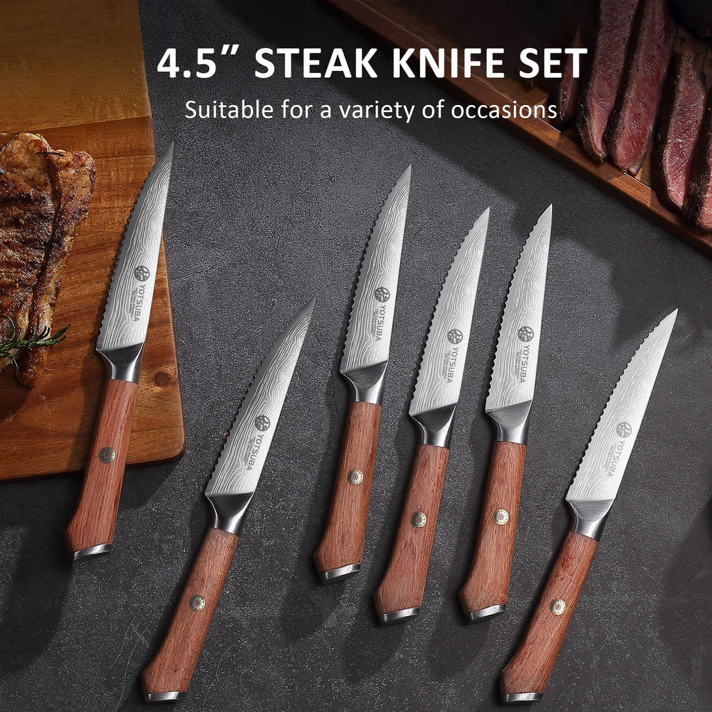 YOTSUBA Steak Knives Set of 6, Razor-Sharp 4.5 Inch Japanese Serrated Steak Knife Set, Full Tang Forged High Carbon Steel Dinner Knives with Ergonomic Handle and Gift Box