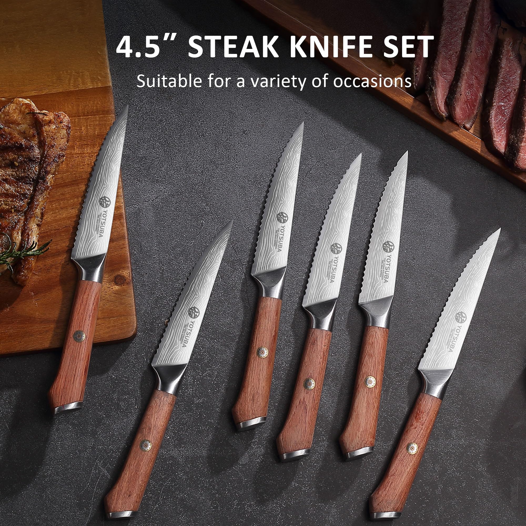YOTSUBA Steak Knives Set of 6, Razor-Sharp 4.5 Inch Japanese Serrated Steak Knife Set, Full Tang Forged High Carbon Steel Dinner Knives with Ergonomic Handle and Gift Box