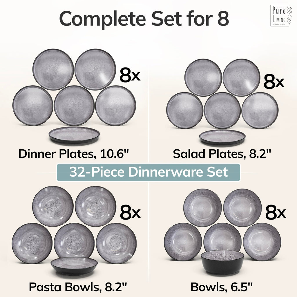 32 Piece Stoneware Dinnerware Set for 8 - Handmade Reactive Glaze Plates and Bowls Set - Chip & Scratch Resistant Dish Set - Dishwasher Microwave Safe - Dark Gray