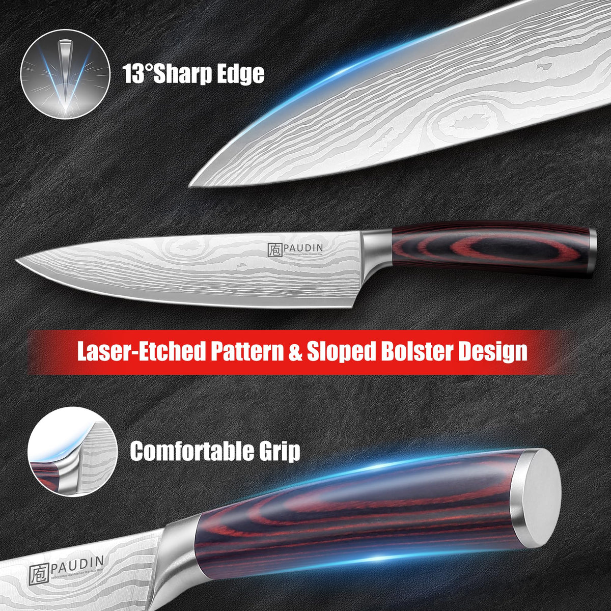 PAUDIN Chef Knife, 8 Inch High Carbon Stainless Steel Sharp Kitchen Knife with Ergonomic Handle, Gift Box for Family & Restaurant