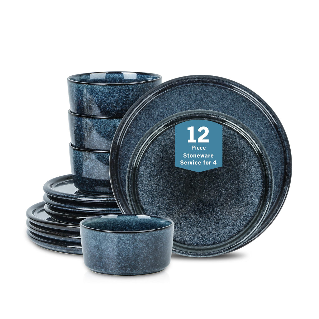 Stone Lain Eden 24-Piece Dinnerware Set Stoneware, Plates and Bowls Set, Dishwasher and Microwave Safe Dish, Dish Set for 8, Dark Blue