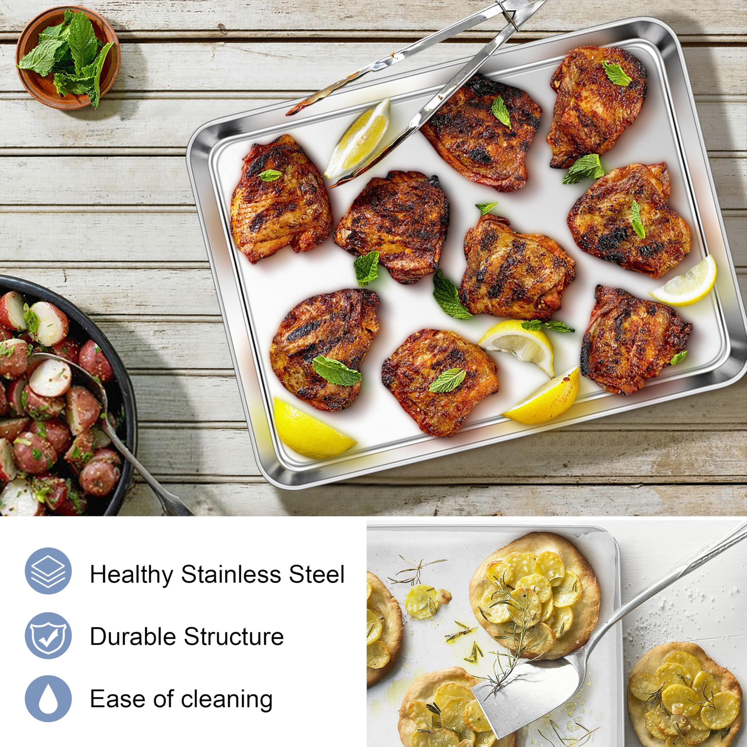 E-far Stainless Steel Baking Sheets Set of 3, 12.4” x9.7” Baking Cookie Sheets Pans for Oven, Non-toxic Metal Trays for Cake Cookies, Healthy & Rust Free, Mirror Finish & Dishwasher Safe