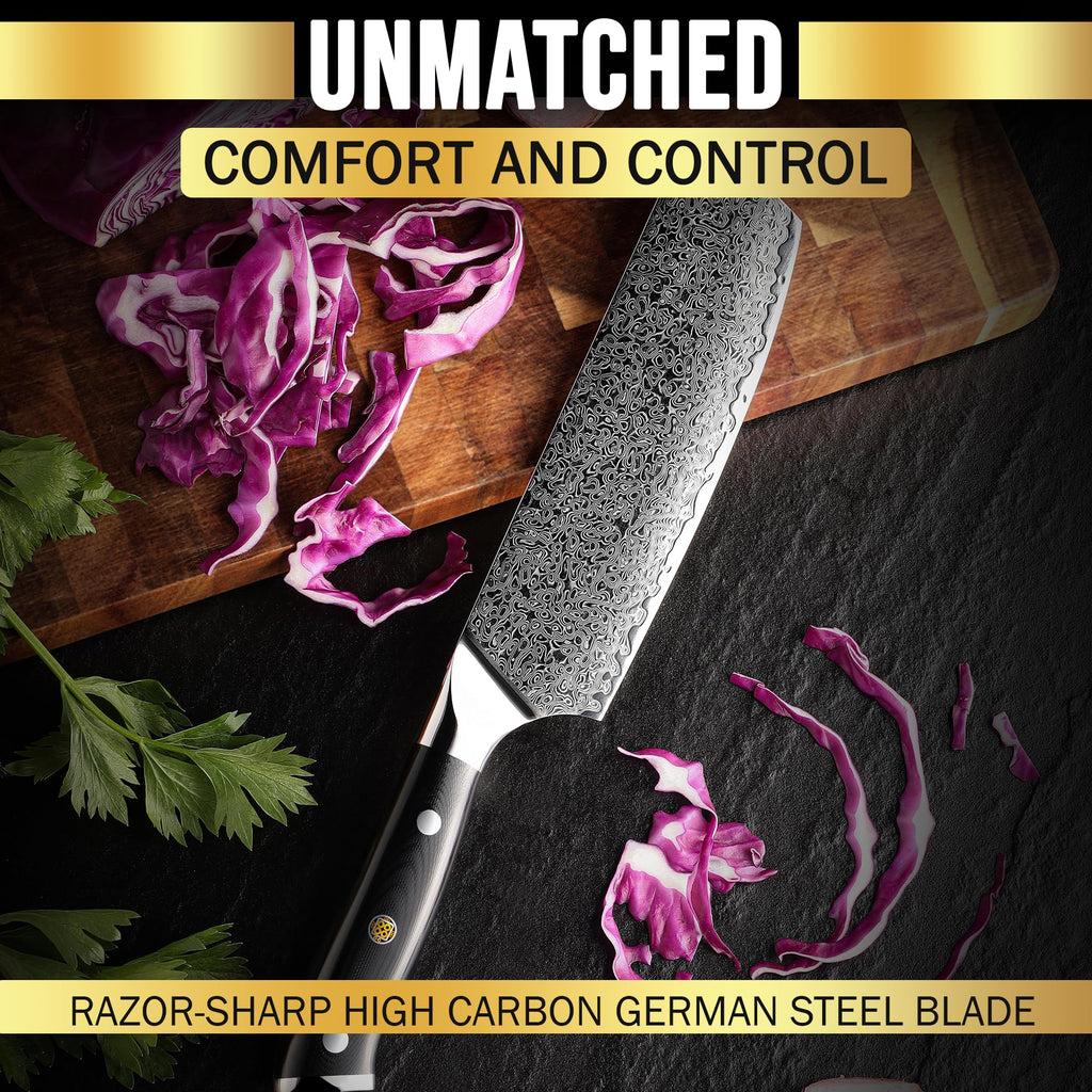 SliceElite Elite Series 7 Inch Nakiri Knife Damascus VG10 Core Forged G10 Handle Polymer Guard Japanese Chef Vegetable Chopping Cleaver Kitchen Knife Sharp Cutting Cooking Tomato Butcher Tool