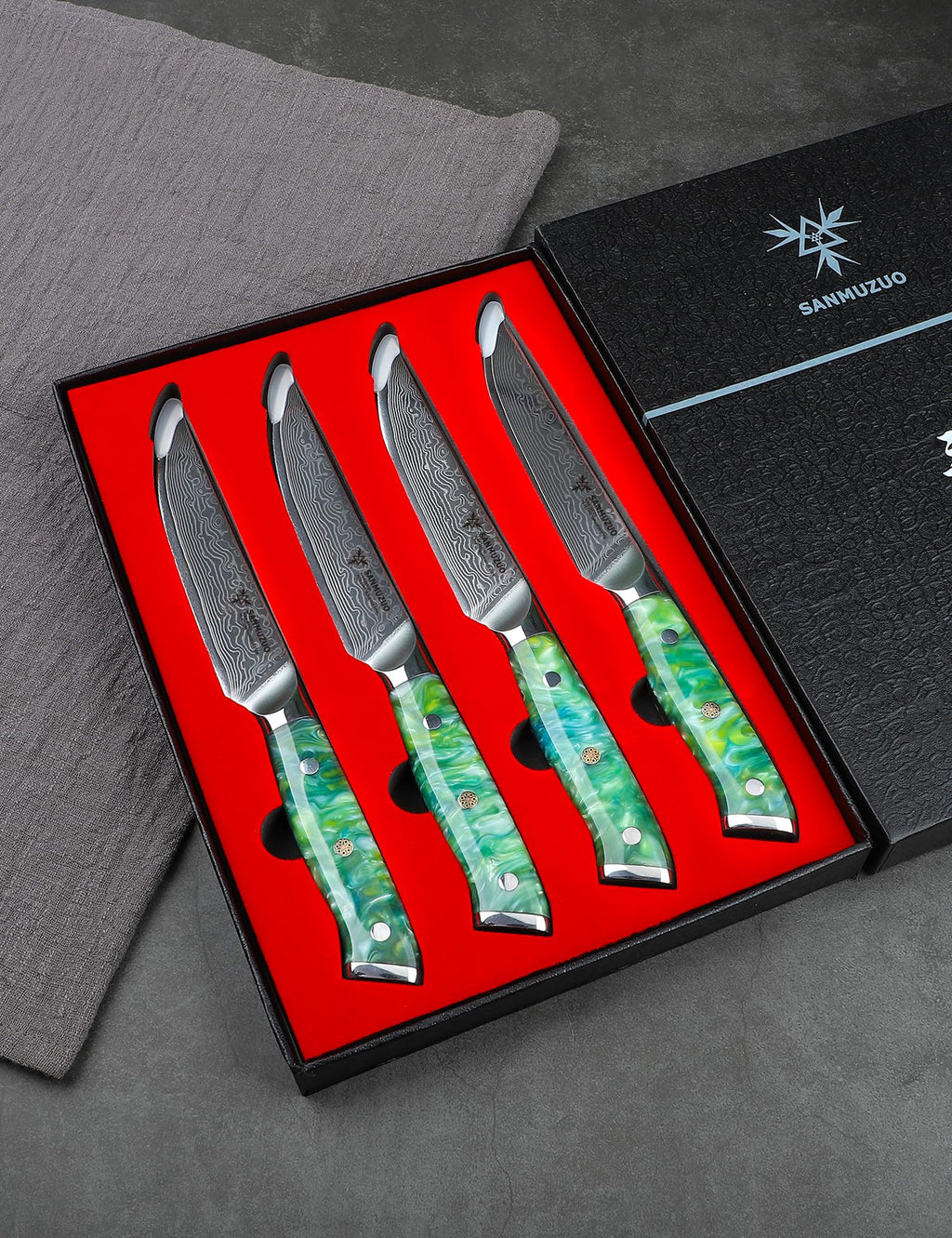SANMUZUO Steak Knives Set of 4, Ultra Sharp Non Serrated Kitchen Steak Knife 5 Inch - Damascus Steel & Resin Handle - Xuan Series(Jade Green)