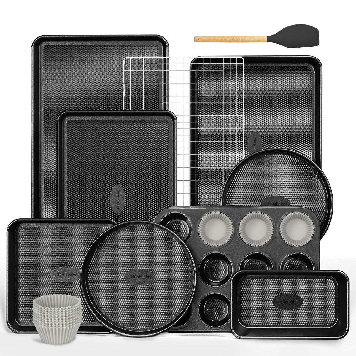 HONGBAKE 22-Piece Baking Pans Set Nonstick, Stackable Non Toxic Bakeware Sets with Diamond Texture, Oven Pan Set for Cooking, Includes Cookie Sheet with Rack, Cake Pan, Roasting Pan, Muffin Tin, Pink