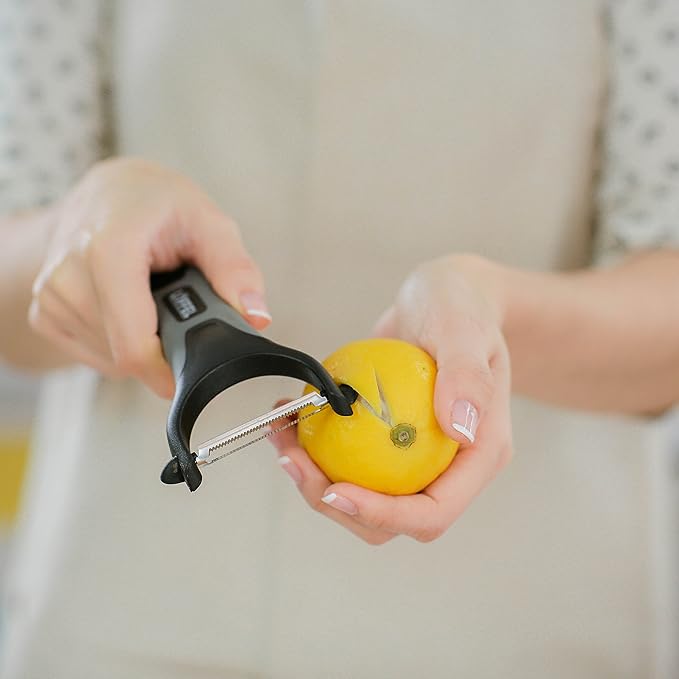 LÖFFEL Peeler for Potato Vegetable Orange - Heavy Duty Double Sided Dual Purpose Non Slip Grip Apple Fruit Y Shaped with Ultra Sharp Stainless Steel Straight and Serrated Blades, Dishwasher Safe