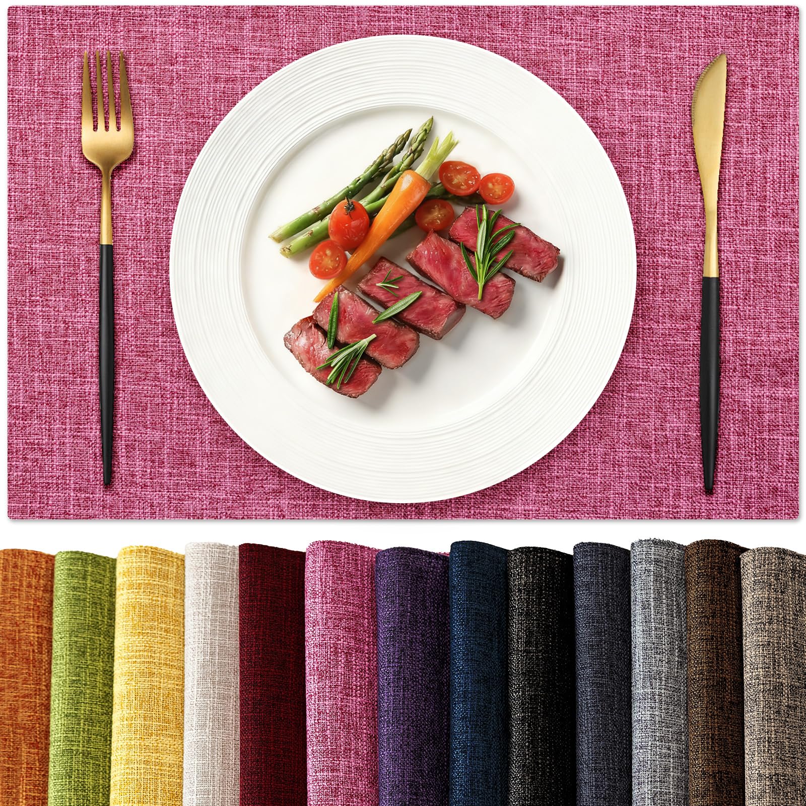 KXN Placemats Set of 8, Dual-Layer Thickened Faux Linen Table Mats, Heat Resistant & Wrinkle-Free, Machine Washable Cloth Place Mats for Kitchen Dining Indoor Outdoor (Pink)