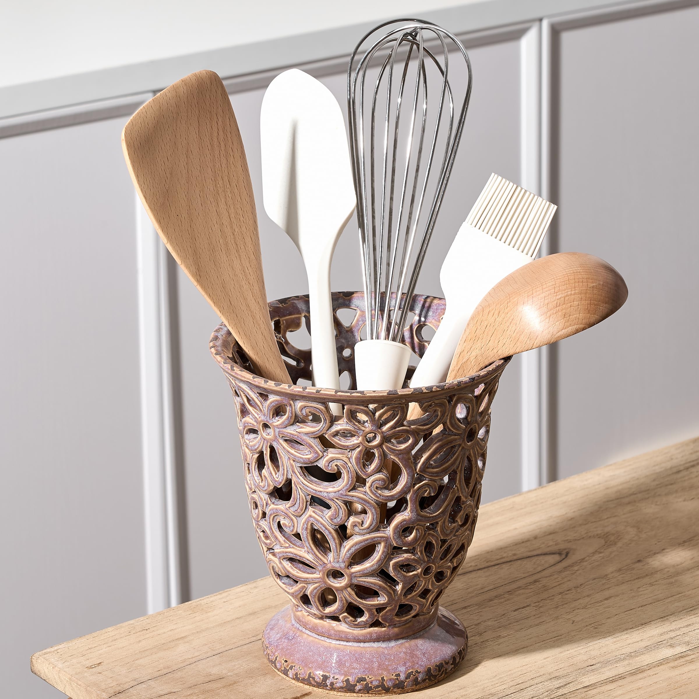 Utensil Holder for Kitchen Counter, Modern Farmhouse Cooking Utensil Holder and Crock Home Kitchen Decor, Ceramic Utensil Organizer for Spatula, Ladle, Eggbeater, Rolling Pin- Kiln-Transformed Purple