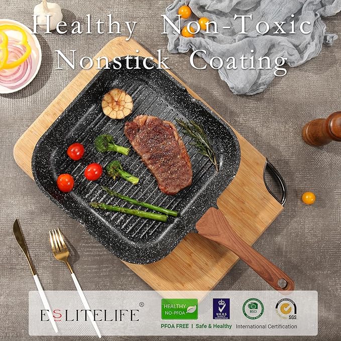 ESLITE LIFE 9.5 Inch Nonstick Grill Pan with Lid for Indoor Cooking, Versatile Induction Square Large Grilling Skillet Steak Pan for Stove Tops, PTFE & PFOA Free, Black