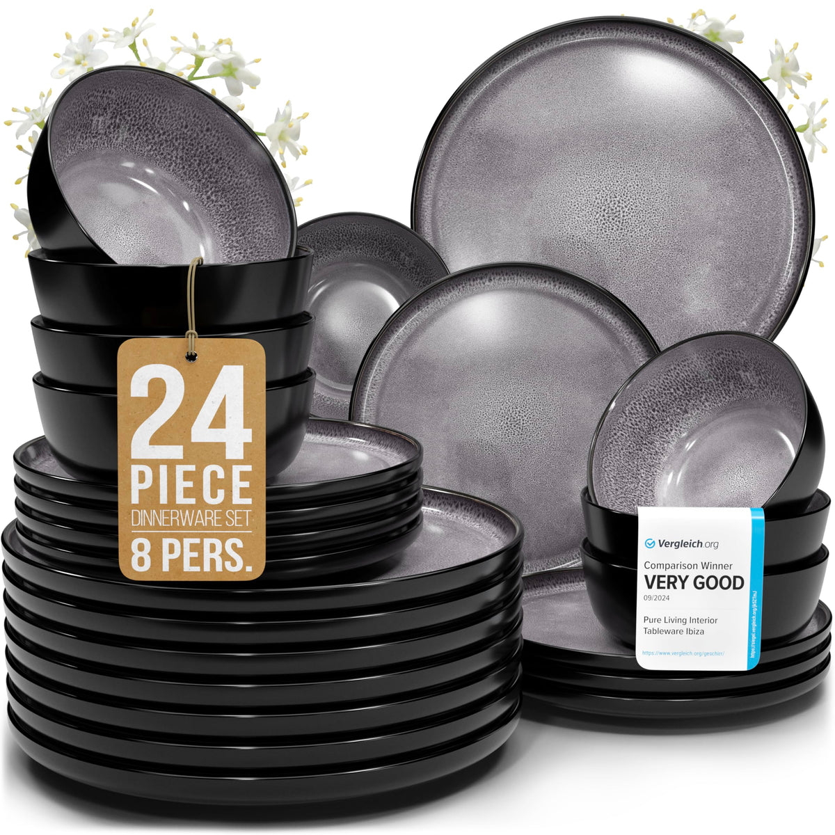 24 Piece Stoneware Dinnerware Set for 8, Handcrafted Plates and Bowls Set
