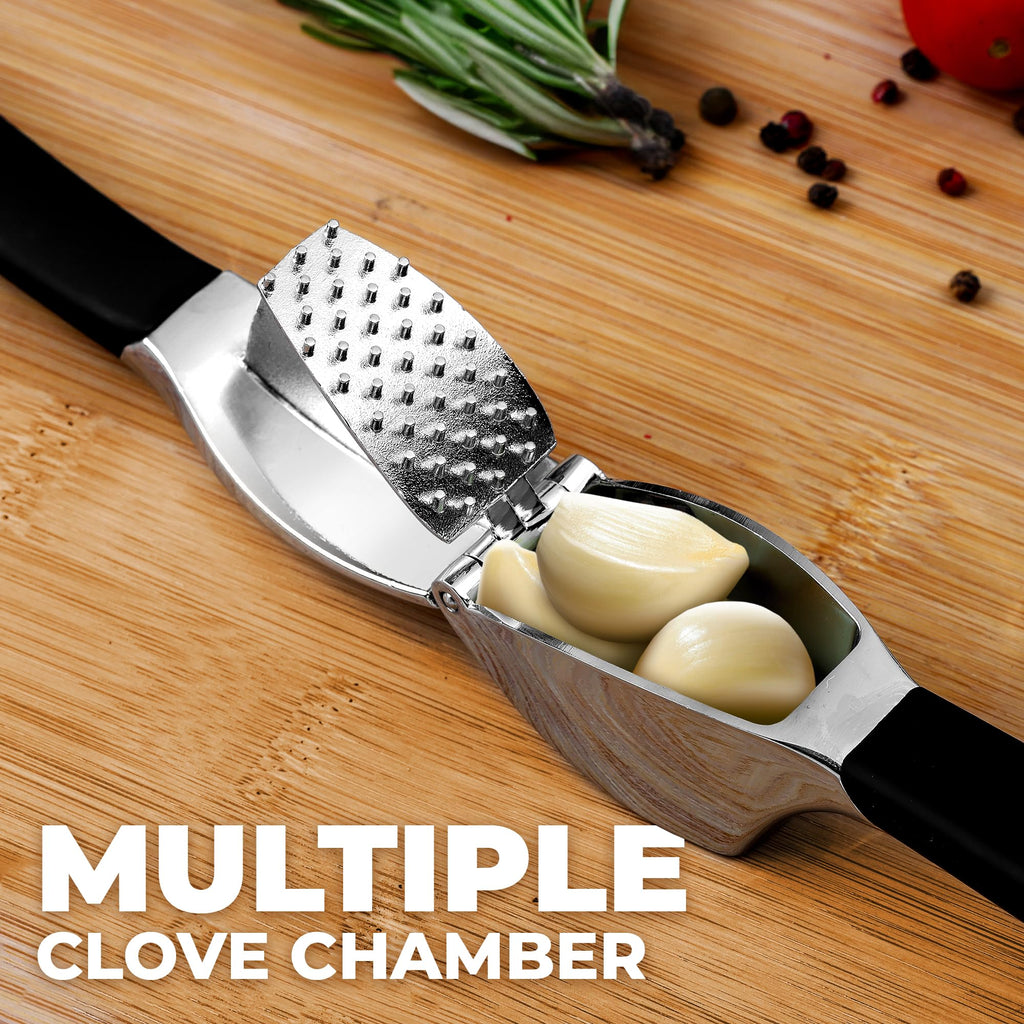 Zulay Kitchen Comfort Grip Garlic Press - Garlic Mincer Tool - Garlic Crusher - Garlic Press Mincer Rust Proof, with Soft Ergonomic Handle, Easy Clean Set with Peeler and Brush