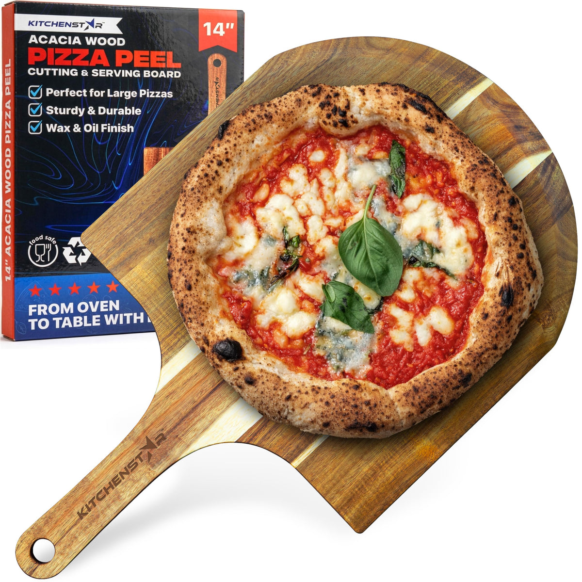 16-Inch Wooden Pizza Peel, X-Large Paddle, Cutting & Serving Board w Handle