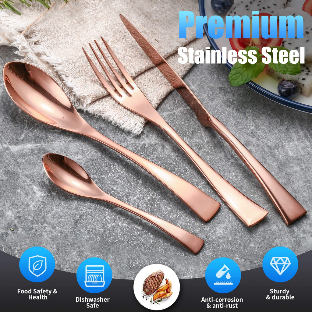 Lemeya 24 Pieces Rose gold Silverware Set for 6,Heavy Duty 18/10 Stainless Steel Flatware Set with Forged Stand Knife,Modern Cutlery Utensil Set,Mirror Polished,Dishwasher Safe