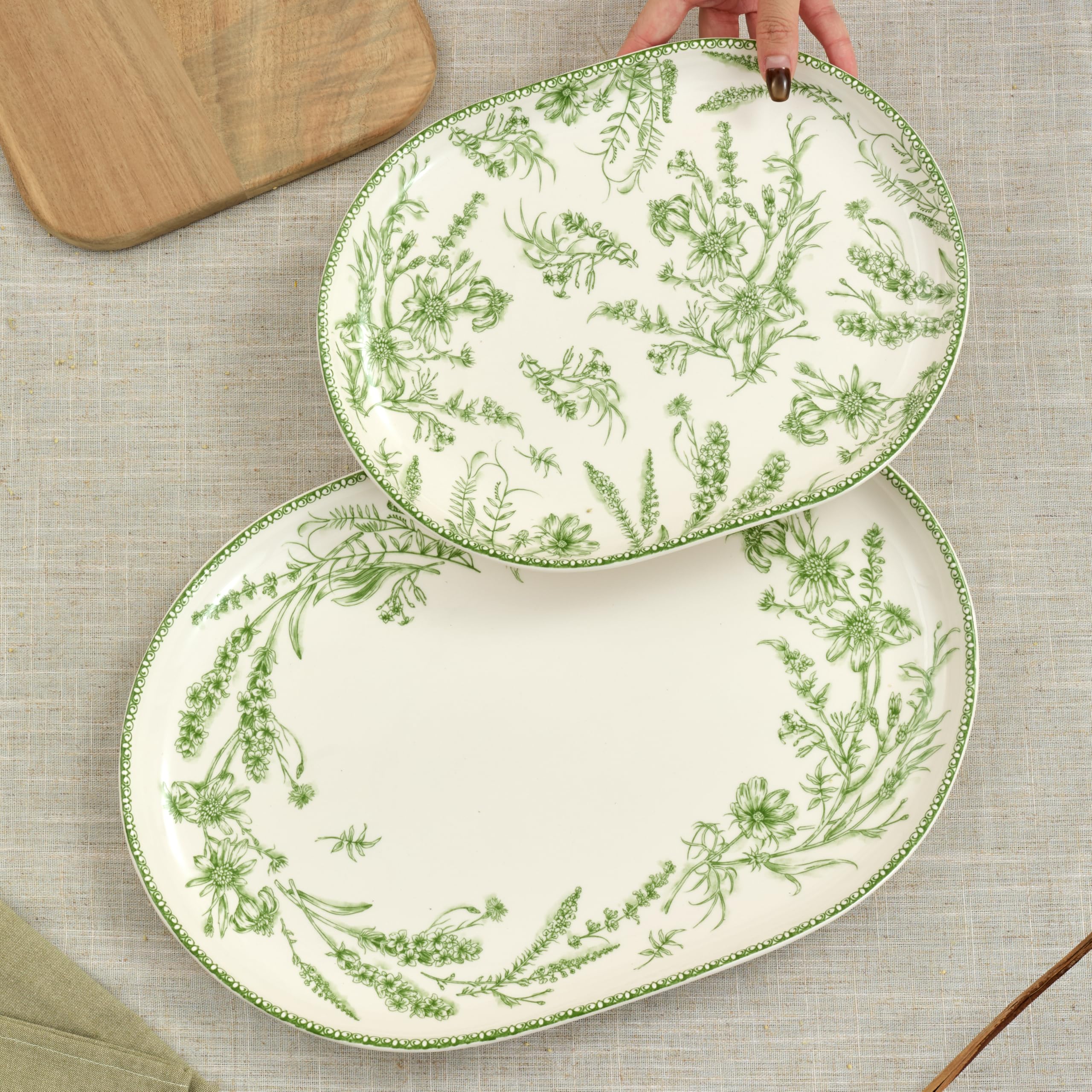 Bico Green Garden Toile De Jouy 16 plus 12 inch Oval Platters Set, Set of 2, Microwave and Dishwasher Safe, for Serving Fish, Chicken, Turkey