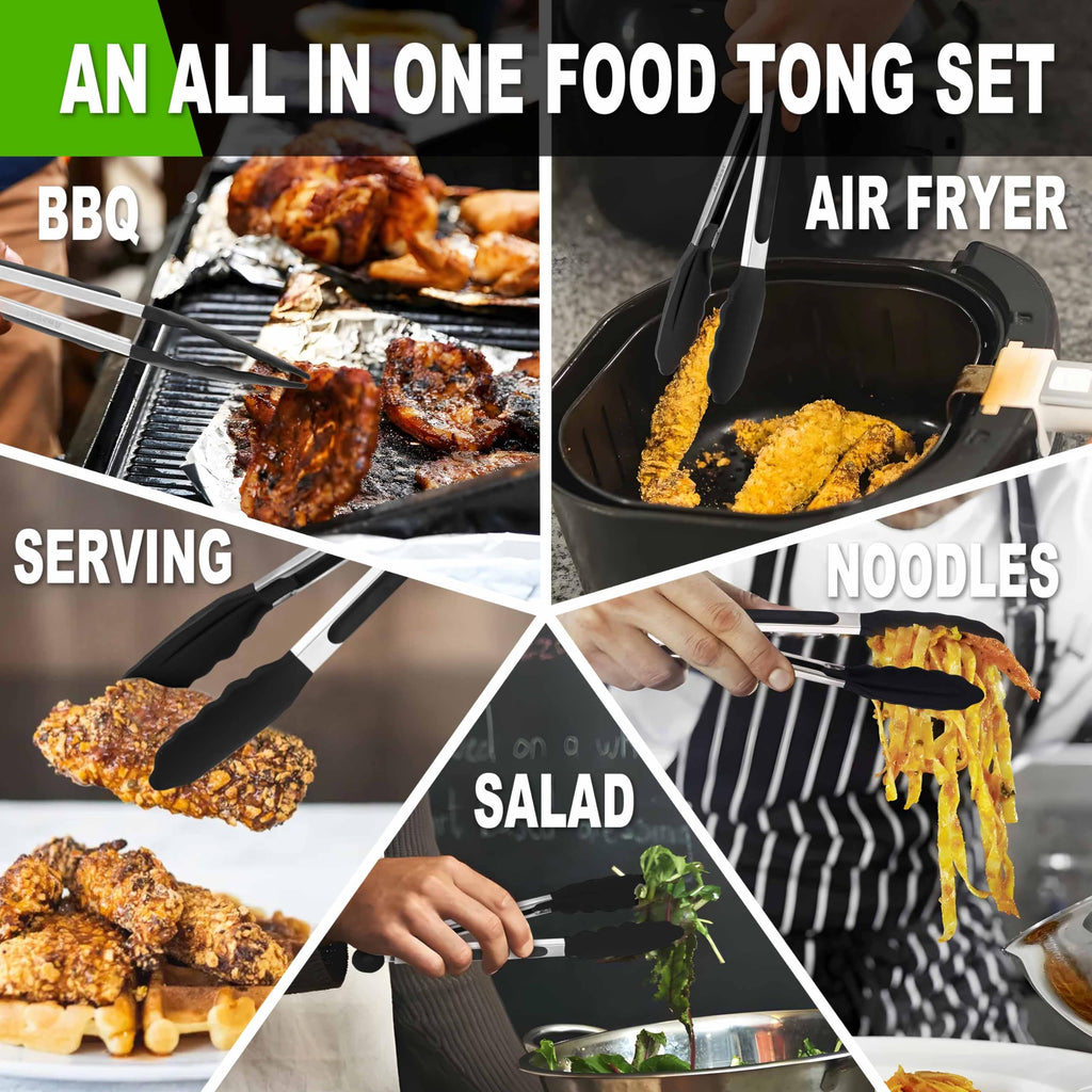 Anaeat Non-Stick Silicone Locking Tong Set of 3 - Stainless Steel 7", 9", 12" Kitchen Food Tongs with Non-Slip Silicone Tips and Grip for Cooking, Baking and BBQ - Heat Resistant up to 480°F (Black)