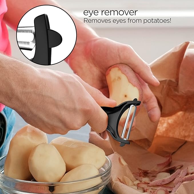 LÖFFEL Peeler for Potato Vegetable Orange - Heavy Duty Double Sided Dual Purpose Non Slip Grip Apple Fruit Y Shaped with Ultra Sharp Stainless Steel Straight and Serrated Blades, Dishwasher Safe