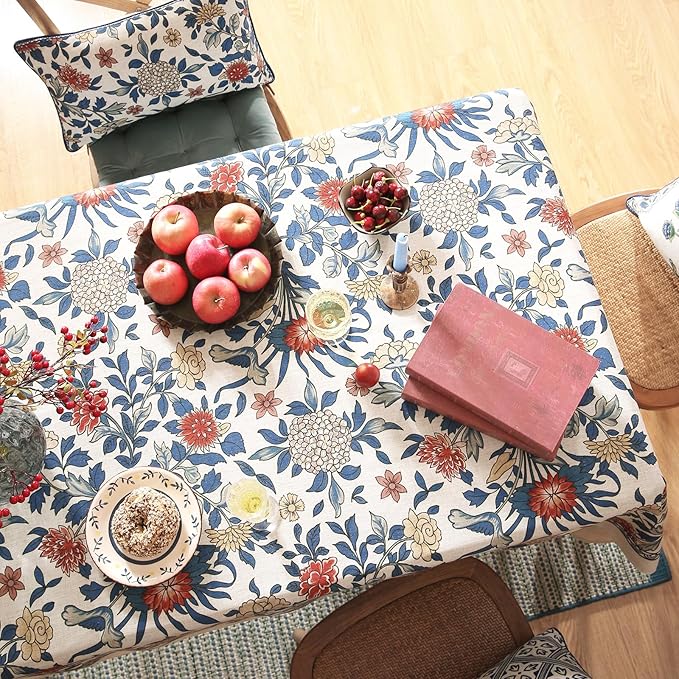 patdrea Designer Blue Tablecloth for Square Table,Vintage Linen with Leaves and Floral Pattern Tablecloths,Farmhouse Floral Decor Cover for Kitchen Dining Christmas,Thanksgiving,67"x67"-Ivar a