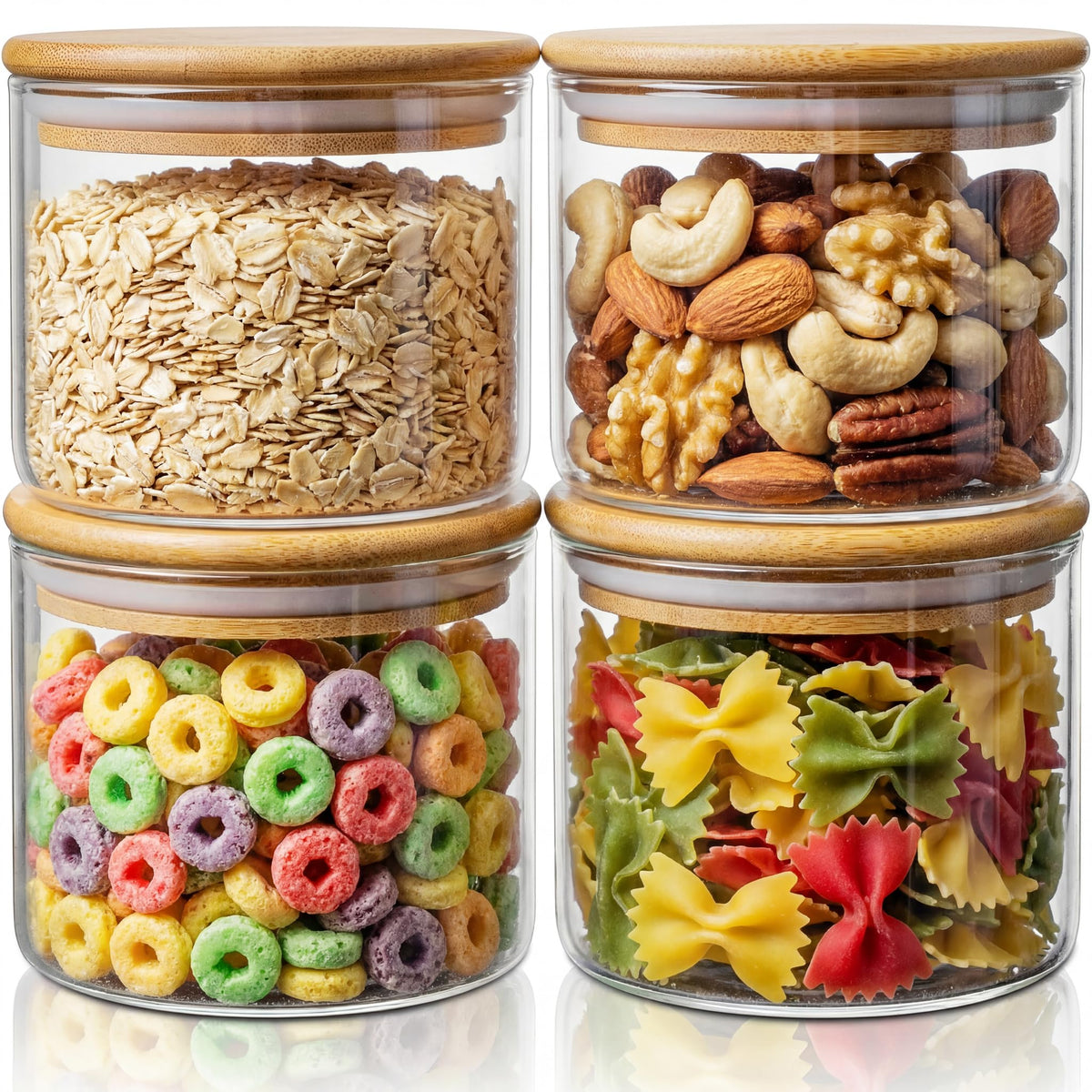32 oz & 21 oz Round Glass Food Storage Containers with Bamboo Lids, 4 Pack