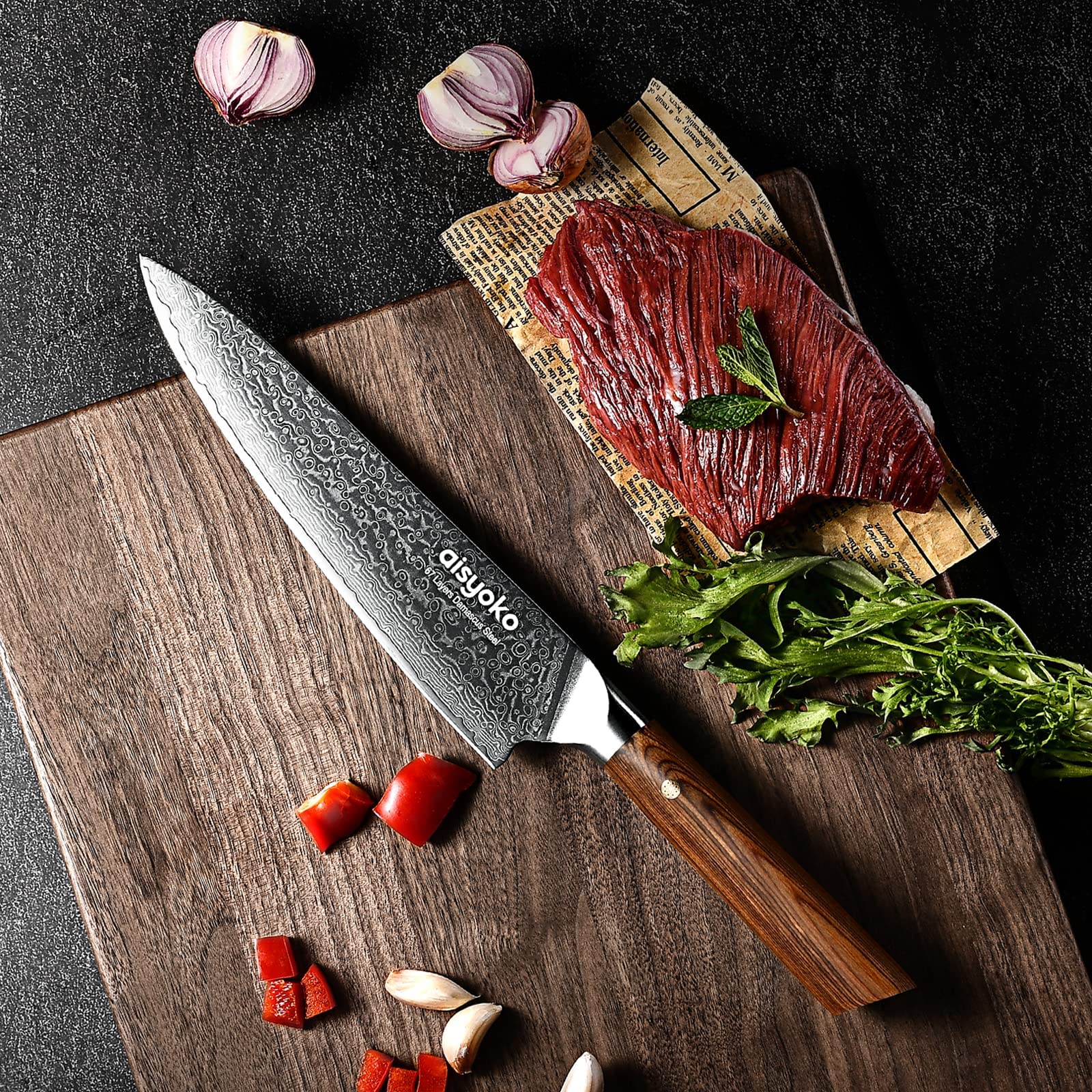 aisyoko Damascus chef knife 8-inch sharp kitchen knife Japan VG-10 stainless steel ergonomic color wooden handle luxury gift box - with scabbard