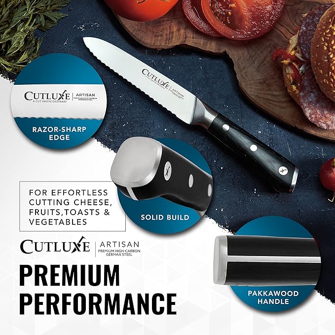 Cutluxe Serrated Tomato Knife – 5" Kitchen Utility Knife for Vegetables, Fruit & Bread – Razor Sharp Forged High Carbon German Steel, Full Tang, Ergonomic Pakkawood Handle – Artisan Series