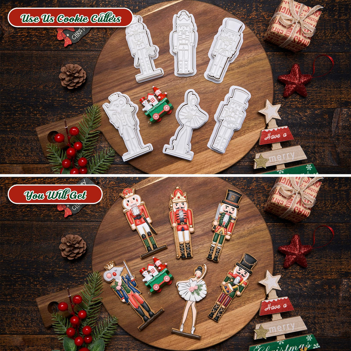 Flycalf Christmas Cookie Cutters Nutcracker Shapes with 3D Stamper Fall Holiday PLA Baking Accessories Cutter Molds Gifts for Kids Decorative Party 3.5" Kitchen Cake Supplies