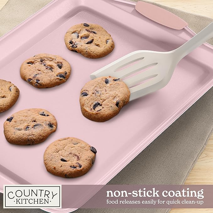 Country Kitchen Nonstick Stackable Bakeware Set - Heavy Duty, Durable, Easy Release Baking Set, Pink, 10 Pcs